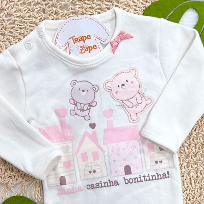 Kit 3 Peças - Bodys Manga Longa - Ursinhas Fadinhas - Rosa, Off White e Rose